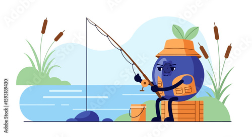 Blueberry Cartoon Character Angrily Fishing By River Illustration Scene Character