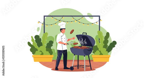 Chef Grilling Gourmet Burgers At Outdoor Barbeque With Festive Lighting And Decorative Plants