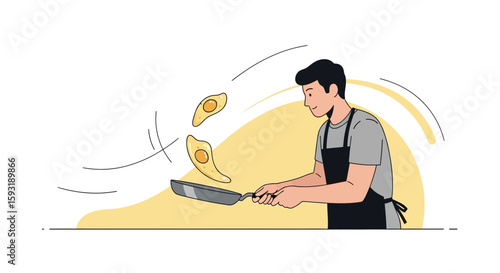 Chef Making Delicious Omelets Fresh Eggs Tossing Food Preparation Culinary Skills