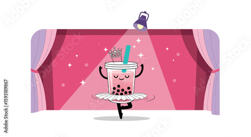 Boba Ballerina Dance On Stage Cute Cartoon With Light And Pink Curtain