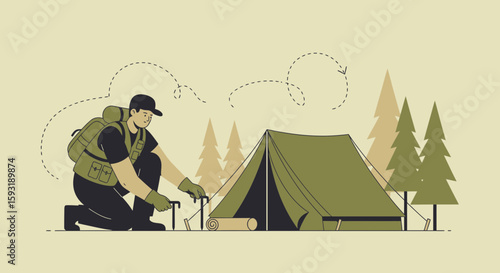 Adventurer Camping And Building Tent Under Forest Trees In Nature Expedition