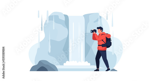 Adventurer Capturing Waterfall Scene With Camera During Hiking Trip Vacation