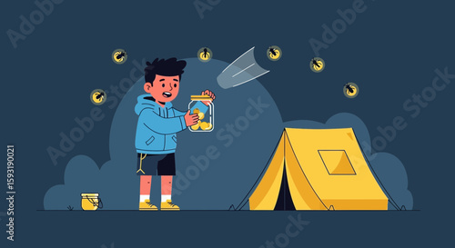 Boy Catching Fireflies During a Summer Night Camp Trip Illustration