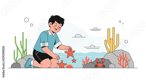 Boy Collecting Starfish On Beach During Summer Vacation In Minimalist Vector Art