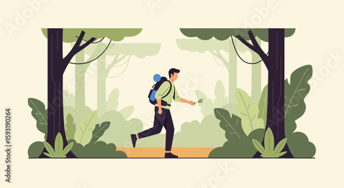 Adventurer Exploring Wilderness Trekking Through Tropical Jungle Expedition