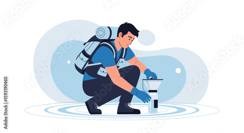 Adventurer Filtering Water From A Stream Outdoors Vector Illustration