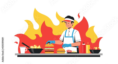 Chef Preparing Delicious Burgers With Fiery Culinary Skills And Passionate Dedication