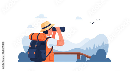 Adventurer Observing Distant Landscape Through Binoculars In Minimalist Illustration