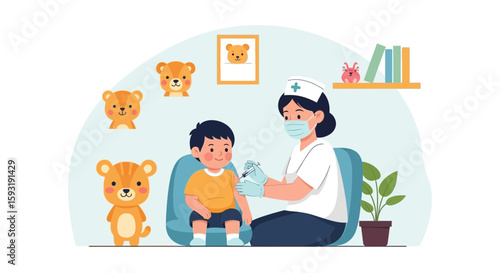 Boy Receives Vaccine At Clinic From Nurse In A Child-Friendly Environment Illustration