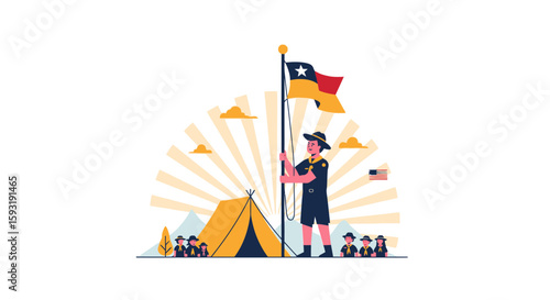 Boy Scout Camp With Rising Flag And Tent Adventure Outdoors Activity Illustration