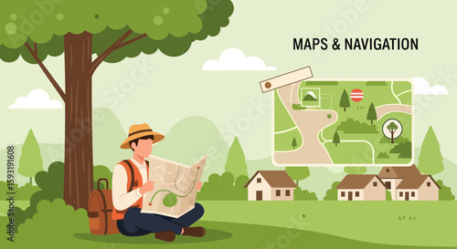 Adventurer Planning Trip Using Map Under Tree For Outdoor Journey Vacation