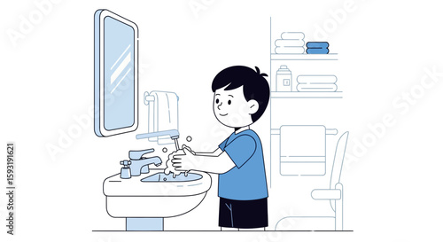 Boy Washing Hands With Soap In Bathroom For Good Hygiene Practice Concept