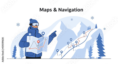 Adventurer Planning Winter Expedition With Map In Snowy Mountain Landscape