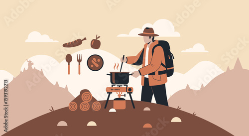Adventurer Preparing Meal In The Wilderness Enjoying Outdoor Activities And Healthy Lifestyle