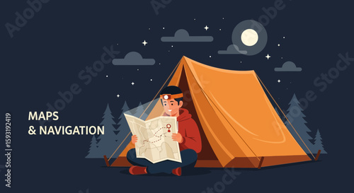 Adventurer Reads Map Outside Tent Under Moonlight And Starry Night Sky