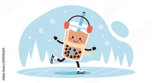 Bubble Tea Adventure Winter Skating Scene Happy Beverage Cartoon Illustration
