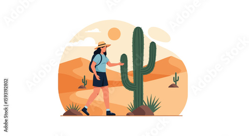 Adventurer Woman Exploring Desert Landscape With Cactus And Sand Dunes