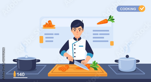 Chef Preparing Vegetables In A Modern Kitchen With A Futuristic Cooking Interface