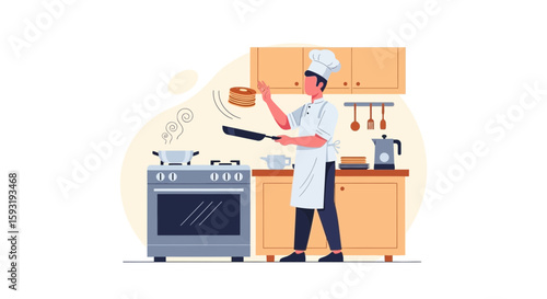 Chef Tossing Pancakes In The Kitchen With Expertise And A Fun Breakfast Preparation