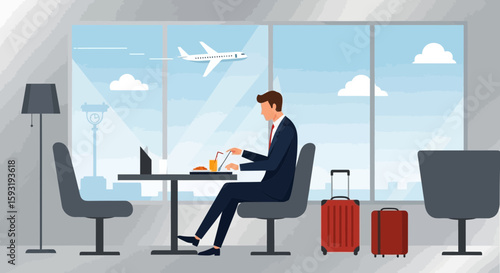 Businessman Working At Airport Lounge Before His Flight Departure