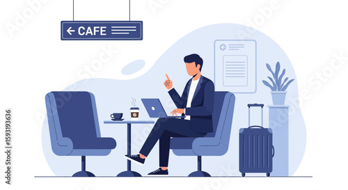 Businessman Working At The Airport Cafe Using Laptop While Waiting His Flight