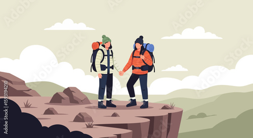 Adventurous Couple Hiking Together Atop a Cliffside Scenic Landscape