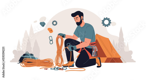 Climber Preparing Gear Near Tent For Outdoor Adventure Illustration Style Art