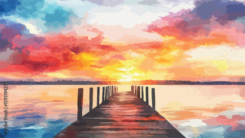 Serene Sunset Pier Watercolor Sky