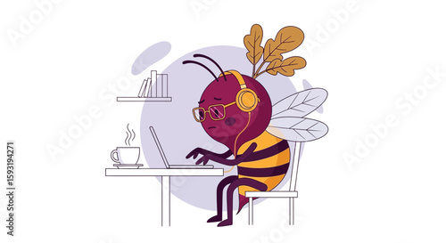 Busy Bee Working Remotely With Laptop And Coffee Near Bookshelf Illustration