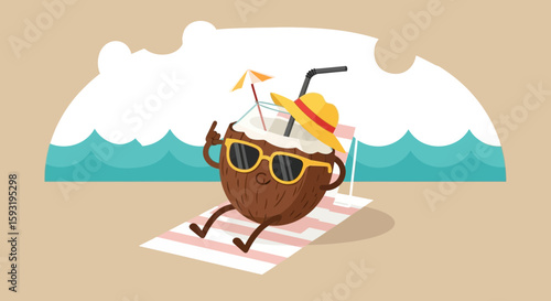 Coconut Character Enjoying Vacation Time On Beach with Cocktail And Sun Glasses