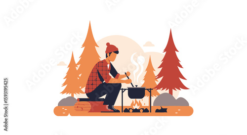 Camping Adventure: A Man Cooking Over an Open Fire in the Wilderness