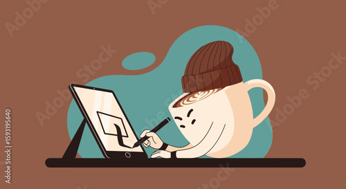 Coffee Artist In Brown Beanie Hat Works On Digital Tablet Illustration