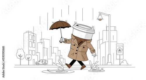 Coffee Cup Character Walking In The Rain Holding An Umbrella In The City