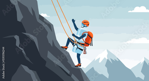 Adventurous Mountaineer Conquering Rugged Peak Against Majestic Mountain Backdrop