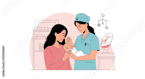 Caring Nurse Gives Newborn to Mother after Delivery at the Hospital