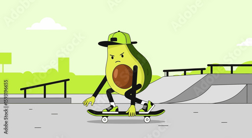 Cartoon Avocado Character Skateboarding In A Skate Park Illustration For Children