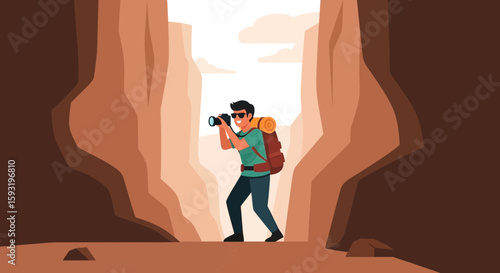 Adventurous Photographer Exploring Nature In Grand Canyon Scenery Illustration
