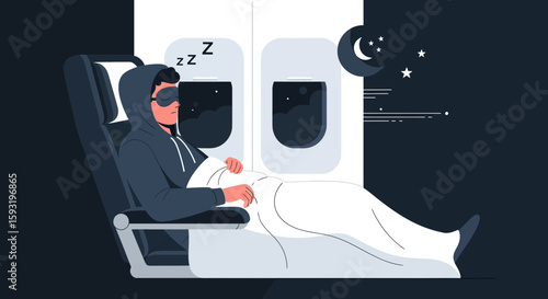 Comfortable Night Flight Man Sleeping On Airplane Traveling In Economy Class