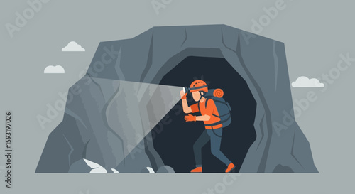 Adventurous Spelunker Exploring a Mysterious Cave with Headlamp and Backpack