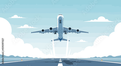 Commercial Airplane Ascending Into The Azure Sky Leaving Vapor Trails Behind