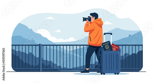 Adventurous Tourist Capturing Scenic Mountain View With Suitcase And Passports