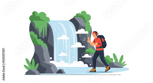 Adventurous Tourist Exploring Waterfall With Backpack Enjoying Natural Beauty
