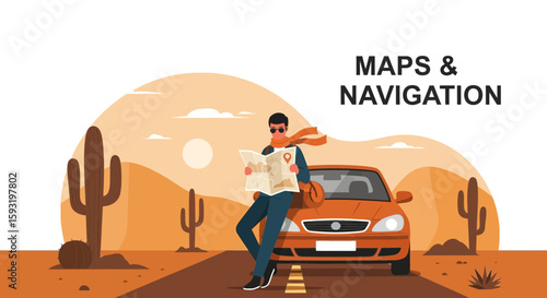 Adventurous Traveler Planning Road Trip In Desert Landscape with Car