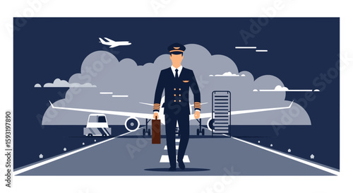 Confident Pilot Walking Towards Aircraft On Runway Against Sky Illustration