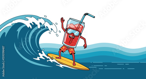 Cartoon Character Having Fun Surfing on a Wave in the Ocean During Vacation Time