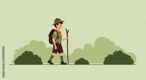 Adventurous Young Boy Scout Hiking Through Nature With Backpack And Stick