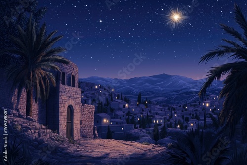 Serene night scene of ancient Bethlehem illuminated by stars and moon  