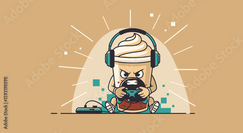 Cartoon Coffee Cup Character Playing Video Games With Headset