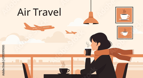 Contemplative Traveler Enjoying Coffee At Airport With Airplane View
