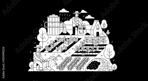 Agricultural Landscape With Farmers Cultivating Organic Food On Field